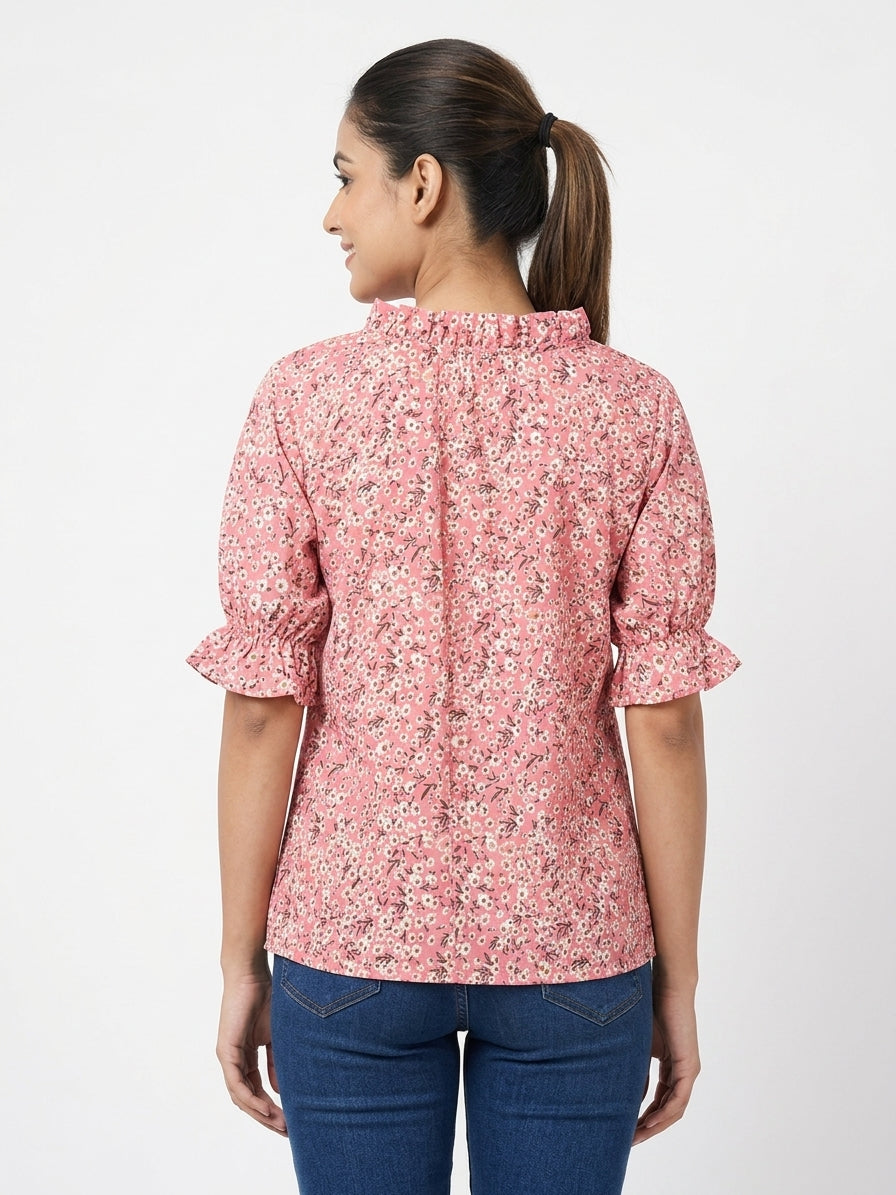 Pink Floral Printed Ruffled Neck Relaxed Fit Top