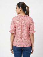 Pink Floral Printed Ruffled Neck Relaxed Fit Top