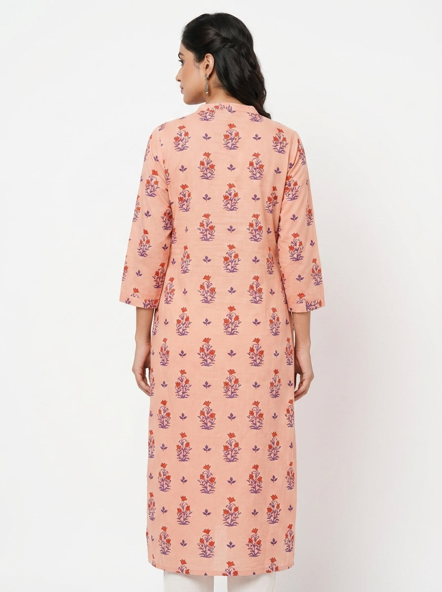 Peach Floral Printed Relaxed Fit Kurti