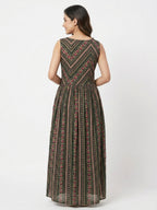 Dark Green Ethnic Print Flared Maxi Dress