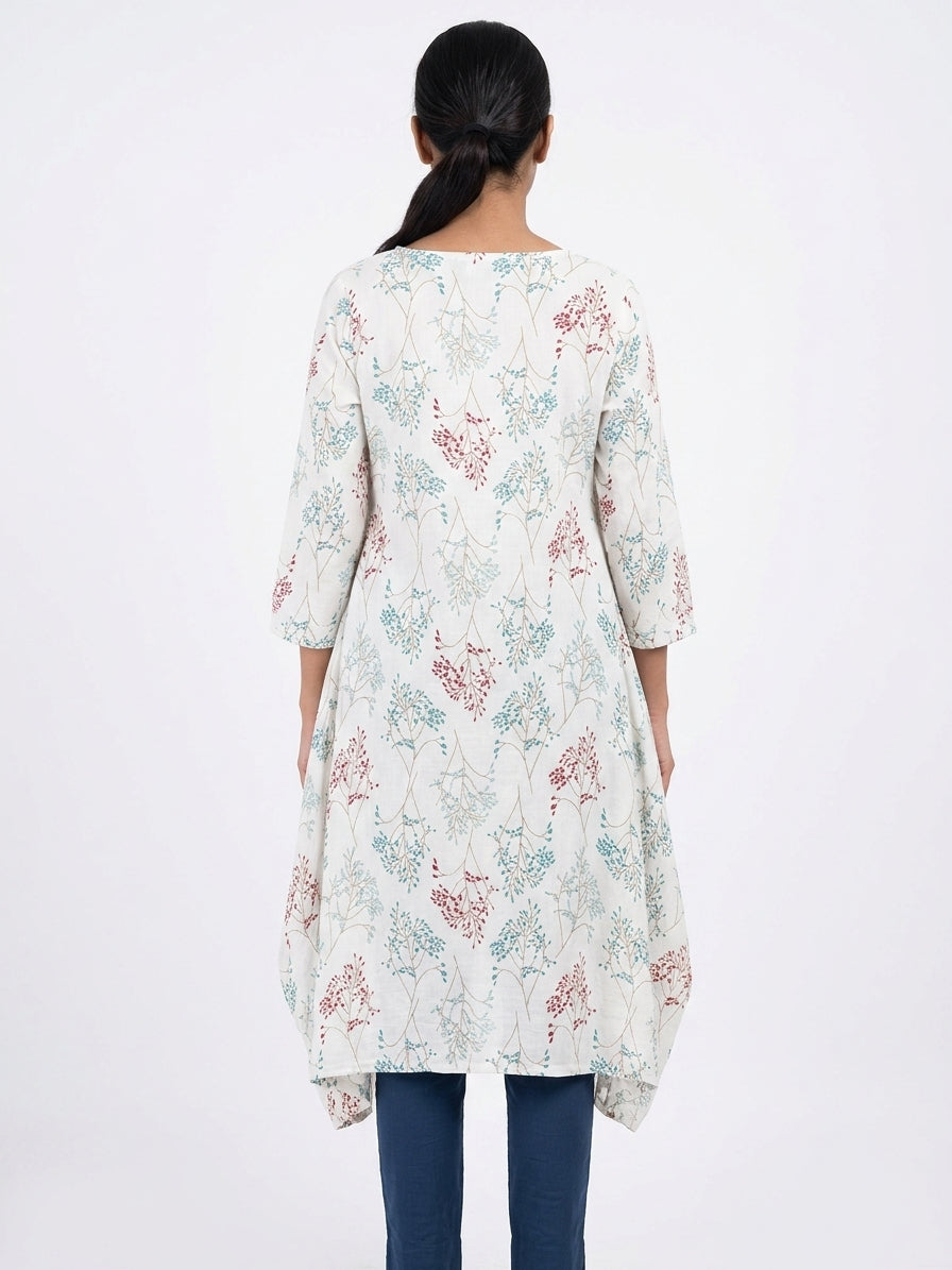 White Botanical Print Relaxed Fit Kurti
