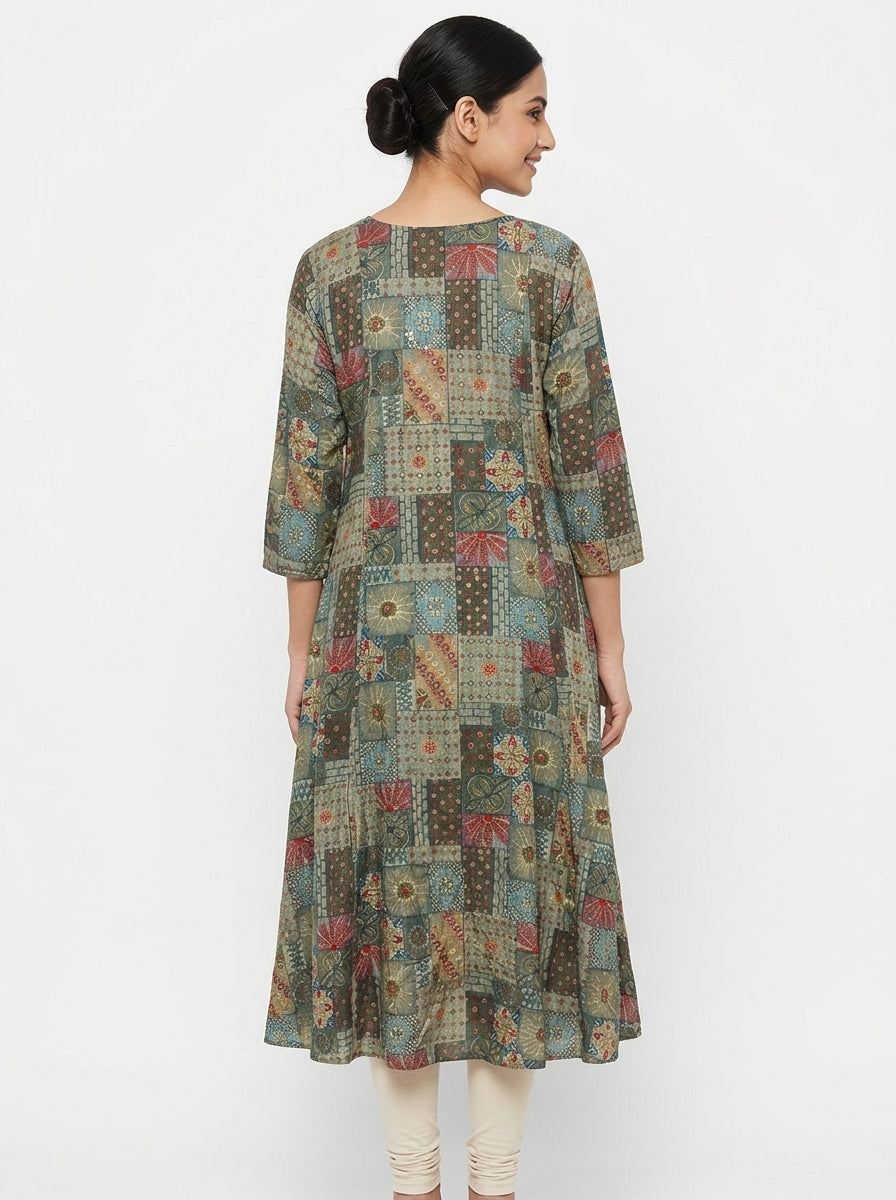 Multi-colored Embellished Ethnic Print Flared Kurti