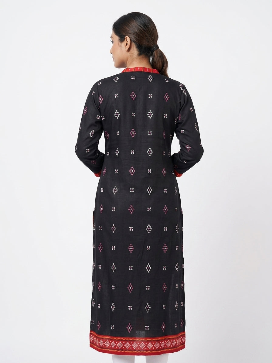 Women's Black Ethnic Print Viscose Kurta