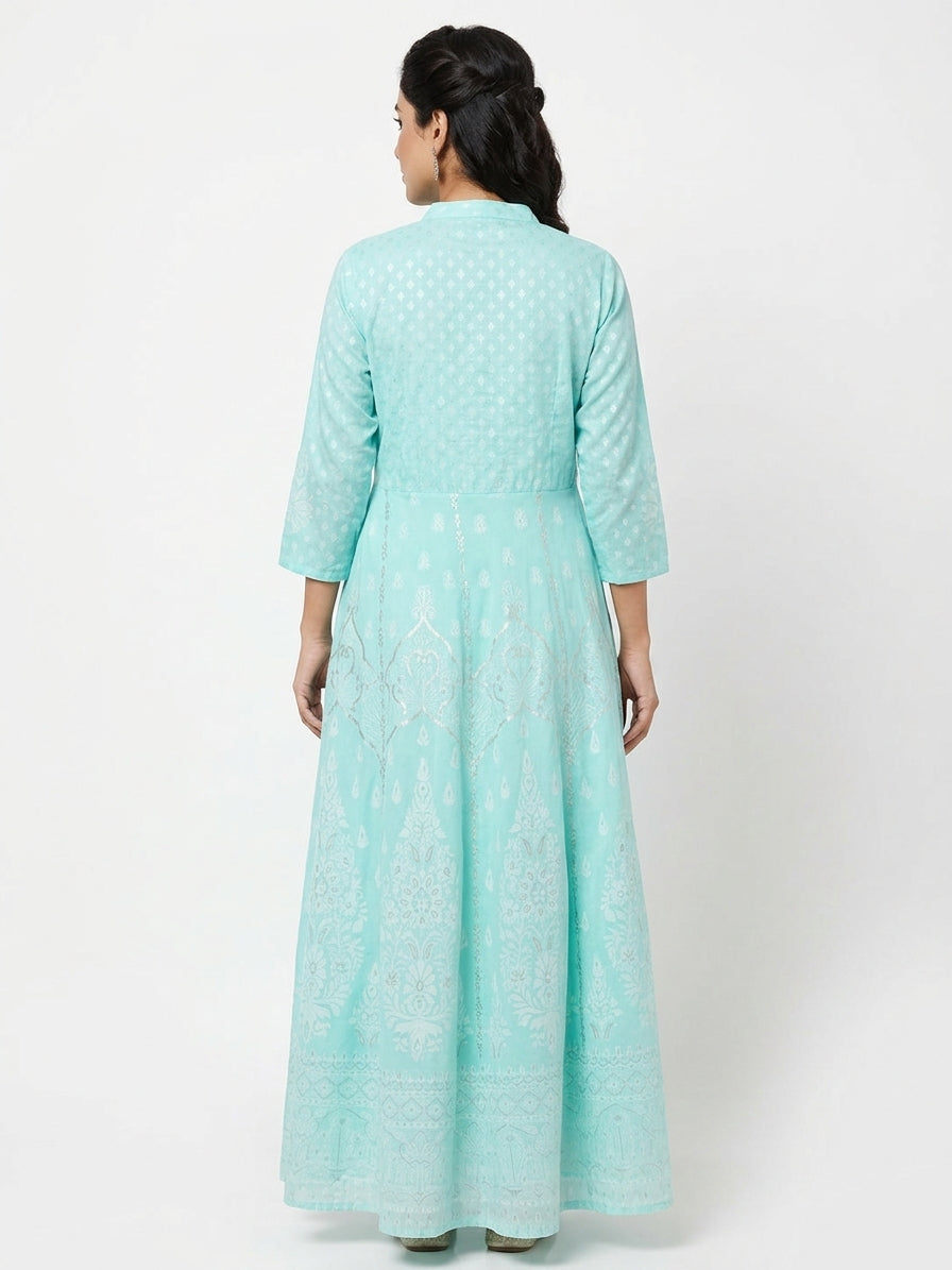 Sea Green Self Design Flared Kurti