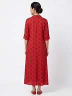 Red Printed Button-Down Maxi Dress