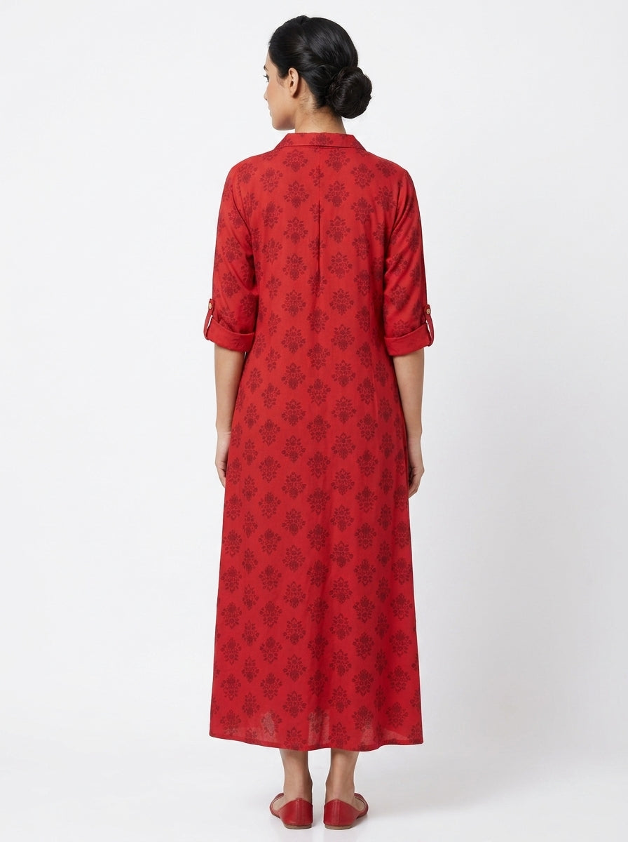 Red Printed Button-Down Maxi Dress