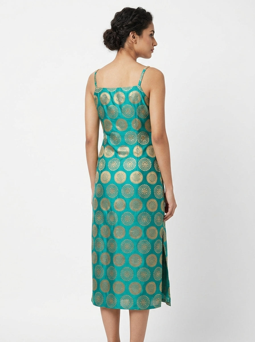 Sea Green Ethnic Print Strappy Dress