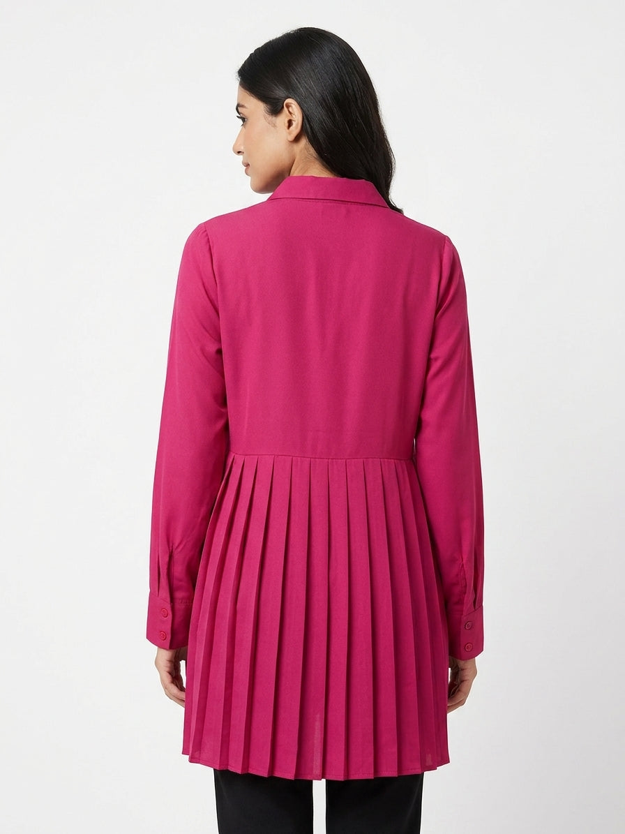 Magenta Solid Regular Fit Pleated Top