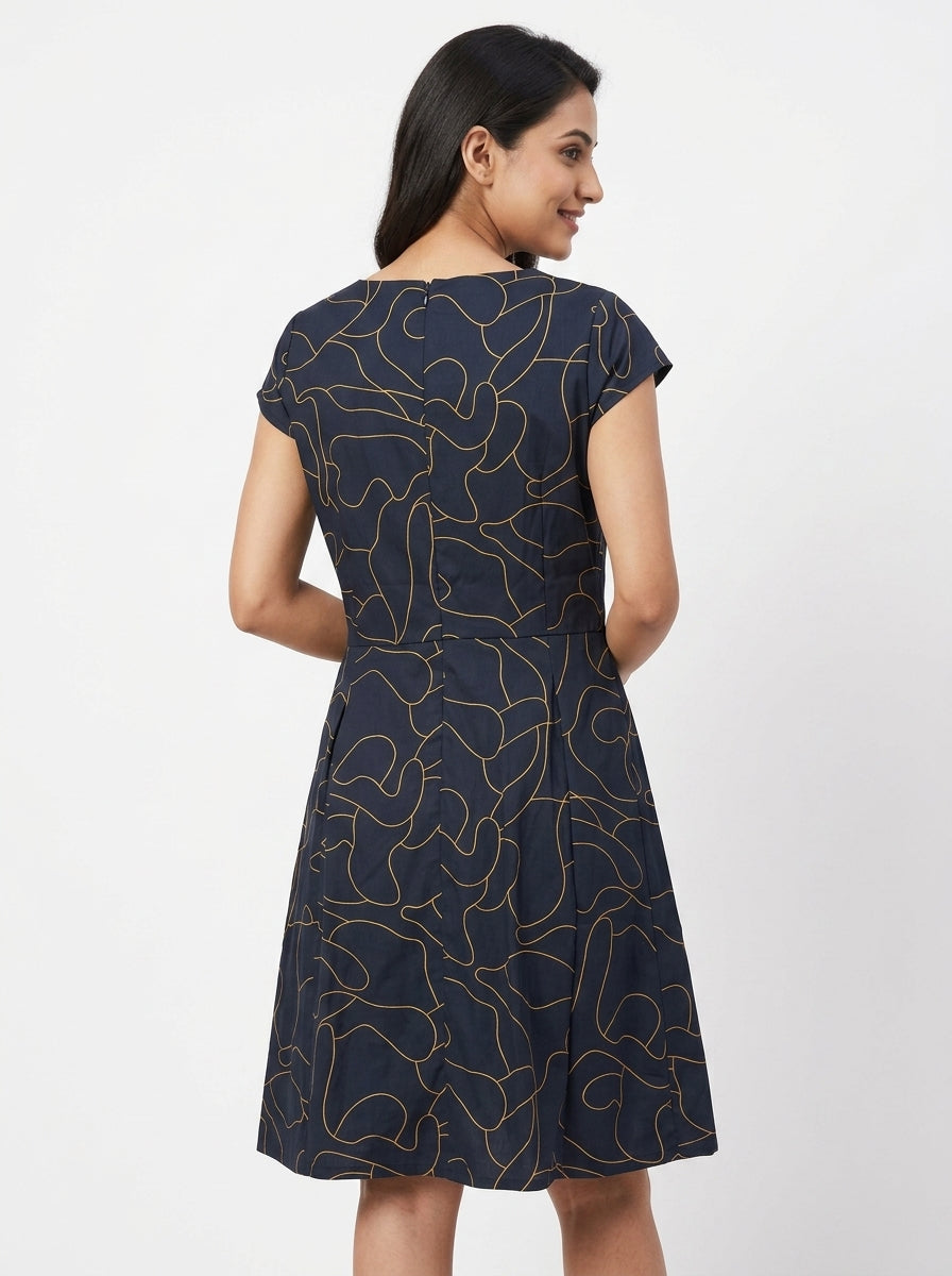 Navy Abstract Print Regular Fit Dress
