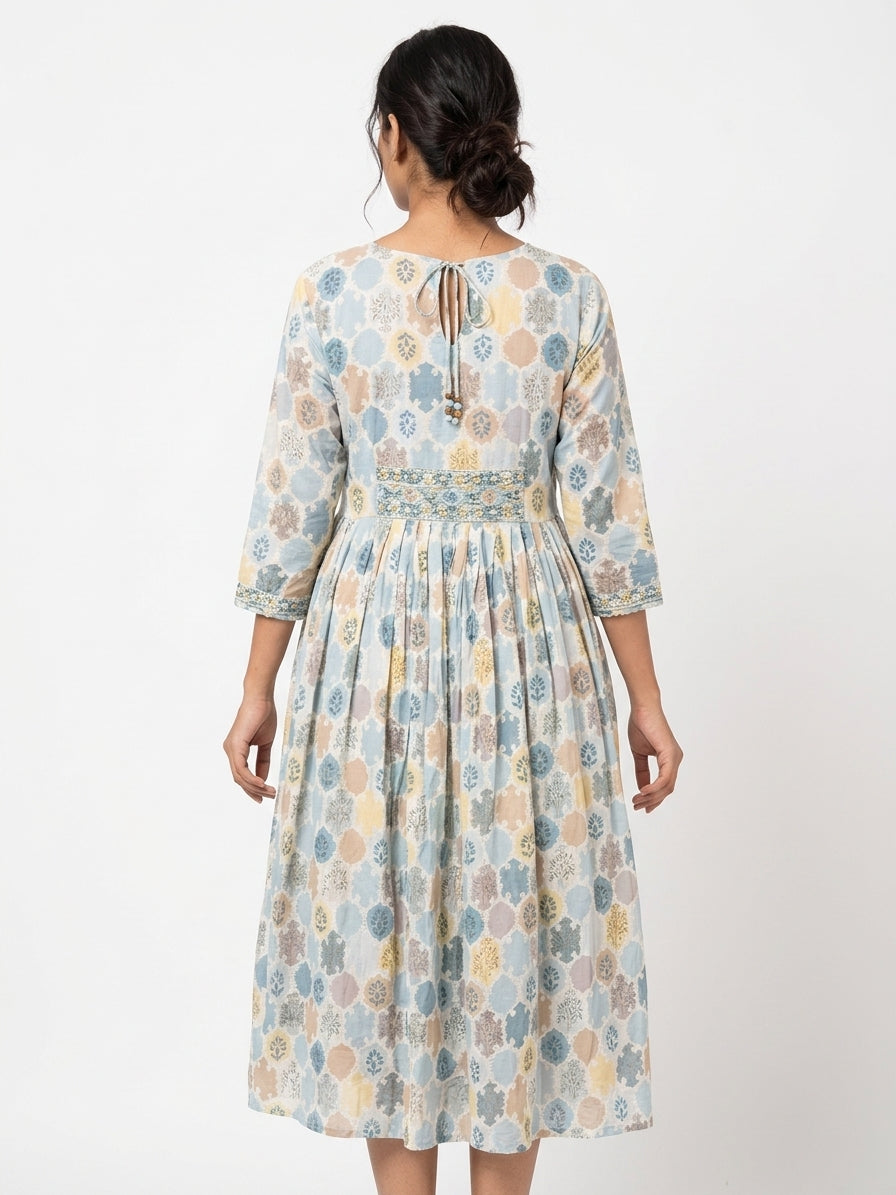 Women's Light Blue Ethnic Print Flared Dress