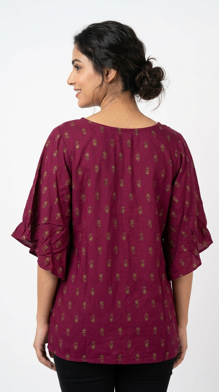 Women's Wine Printed Relaxed Fit Top