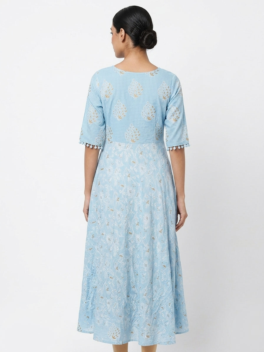 Light Blue Printed A-line Kurti with Pom-Pom Detailing