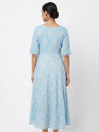 Light Blue Printed A-line Kurti with Pom-Pom Detailing