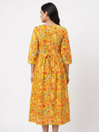 Women's Yellow Floral Print Smocked Flared Dress