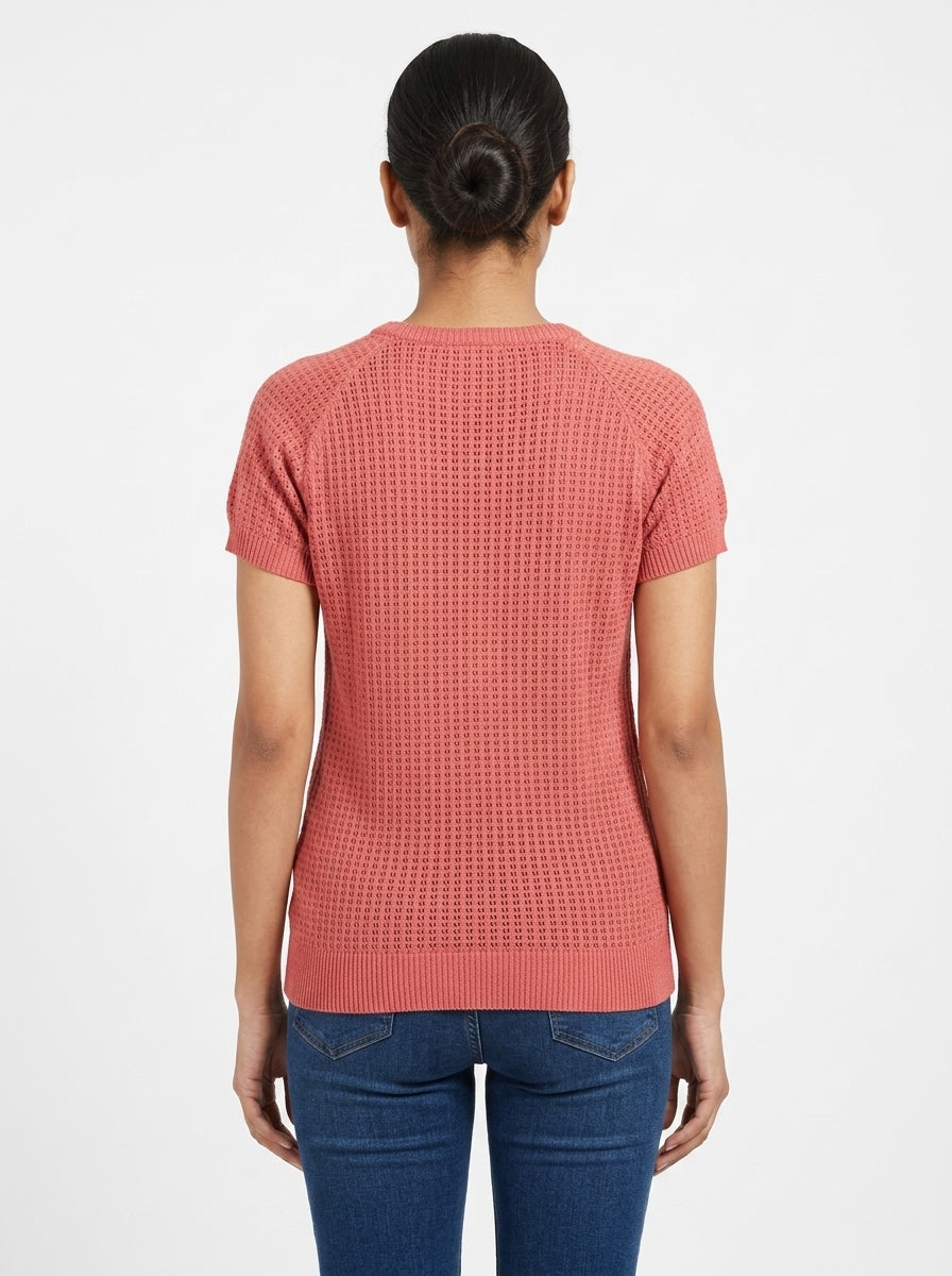 Coral Textured Knit Short Sleeve Top