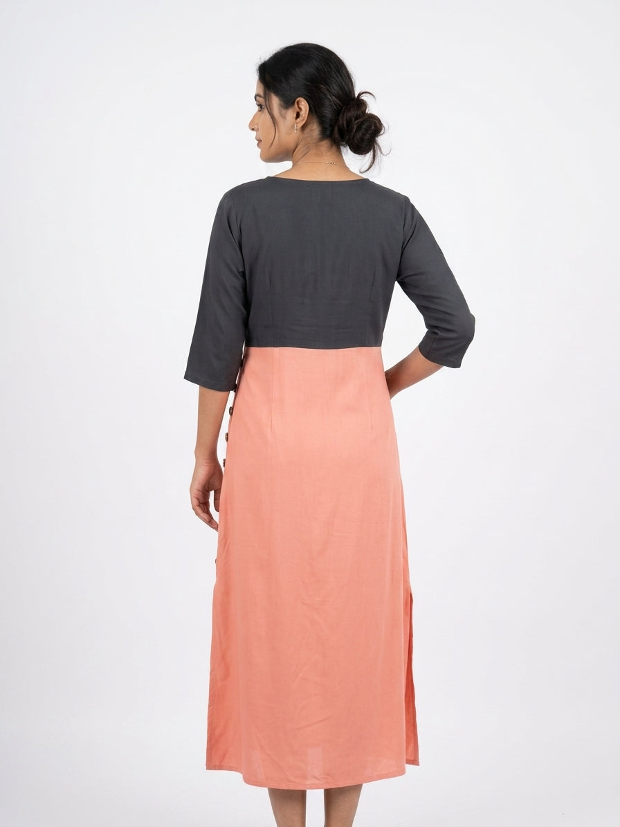 Women's Color Block Viscose Dress with Button Detail
