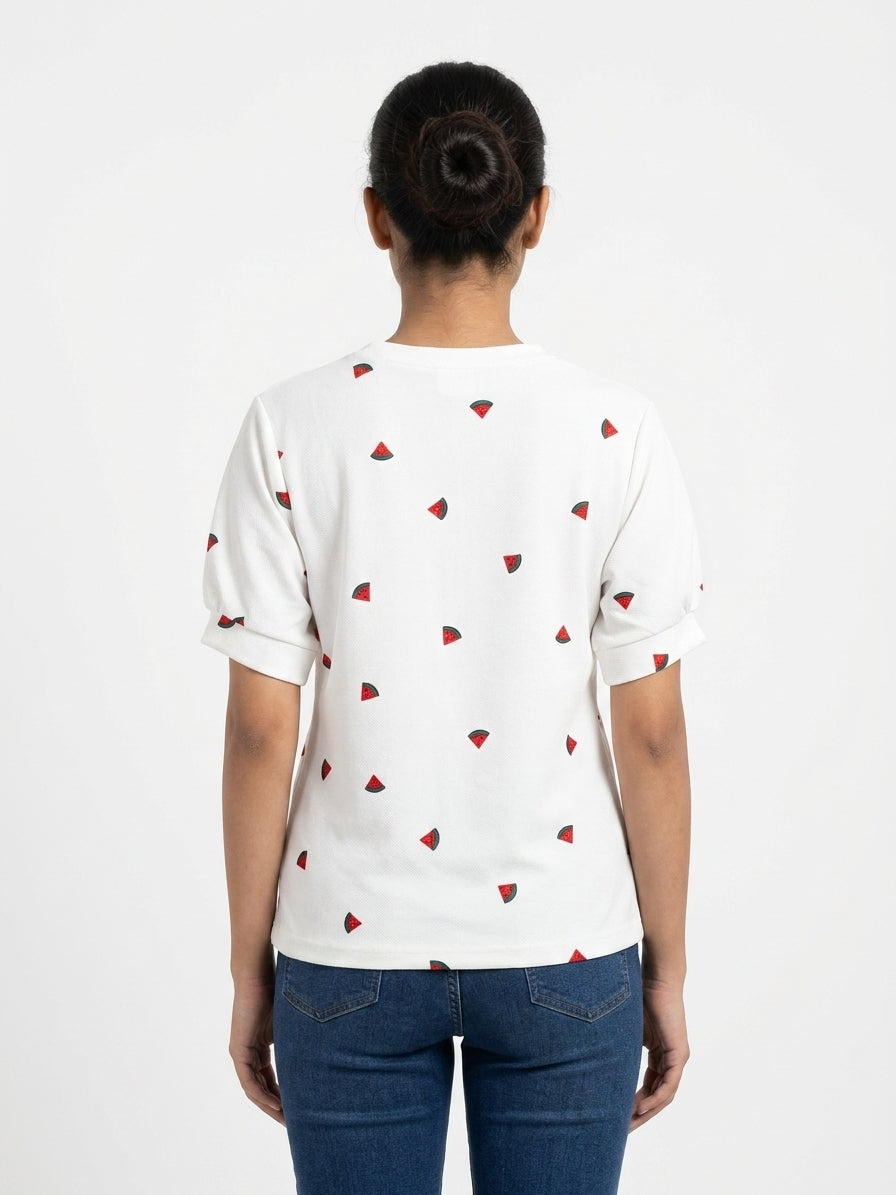 Women's White Watermelon Print Regular Fit T-Shirt