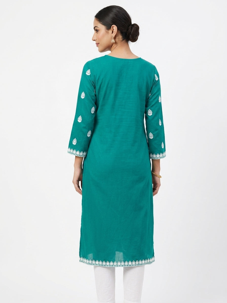 Teal Embellished Cotton Kurti