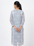 Light Grey Floral Printed & Embroidered Kurti