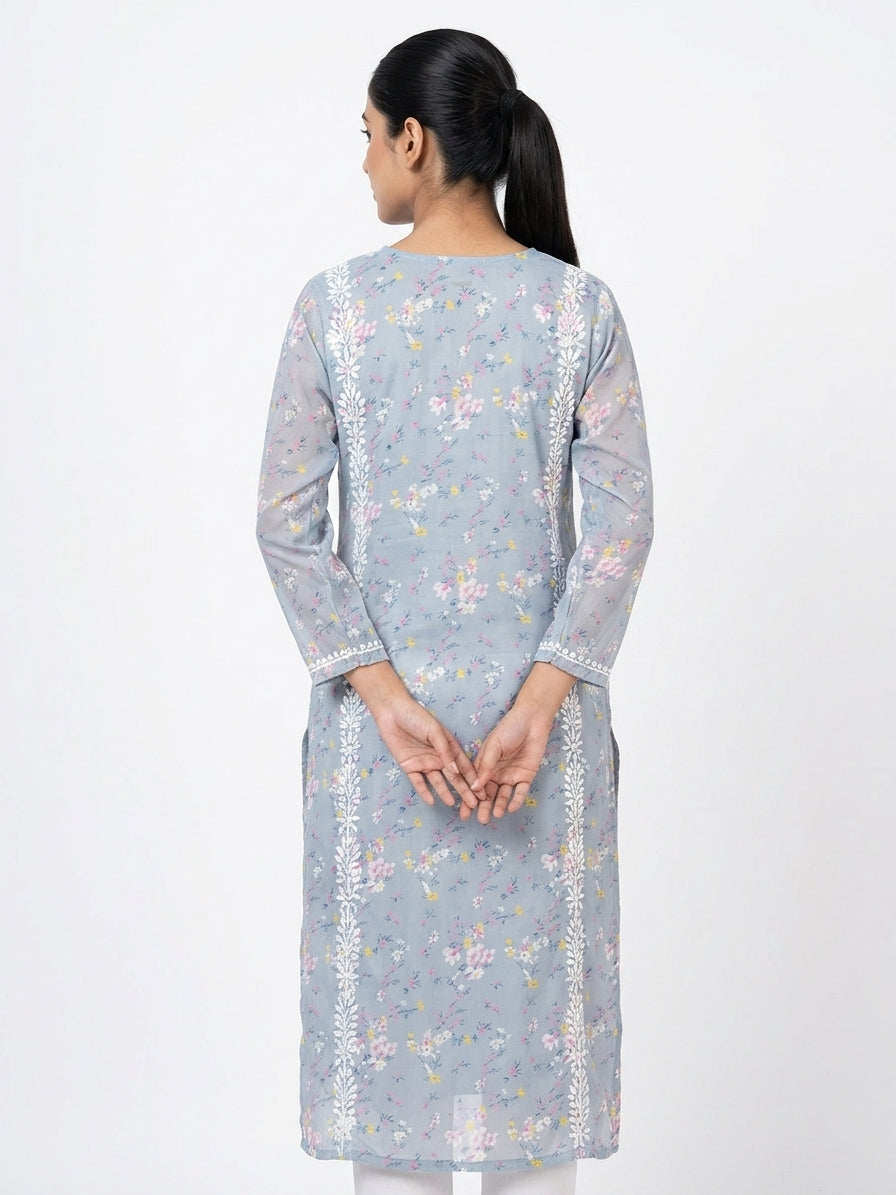 Light Grey Floral Printed & Embroidered Kurti