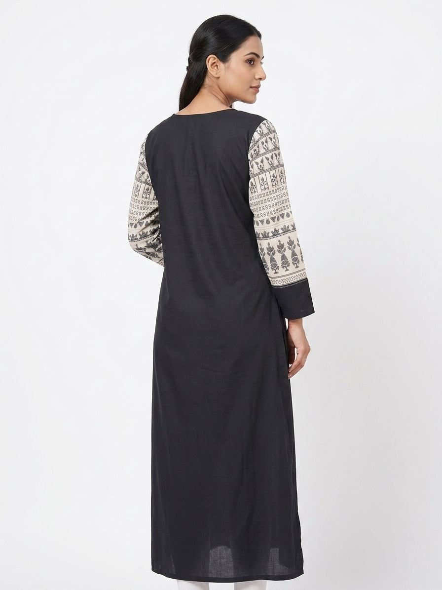 Black & Off-White Ethnic Print Straight Dress