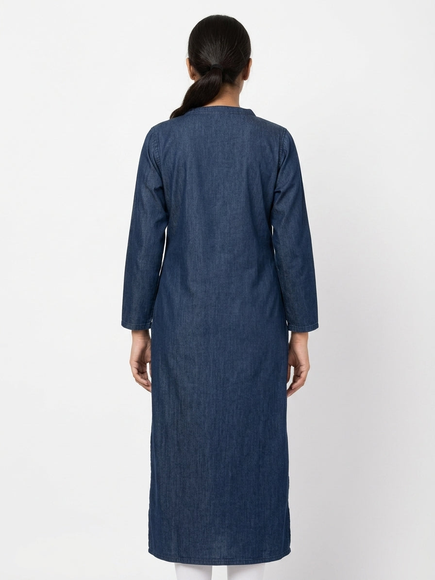 Women's Dark Blue Denim Embroidered Kurti