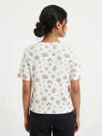 Off White Floral Print Ribbed Knit Top