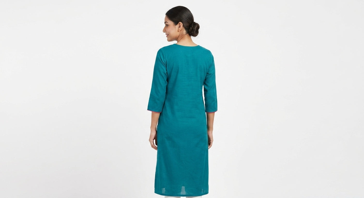 Teal Ethnic Print Cotton Kurti for Women
