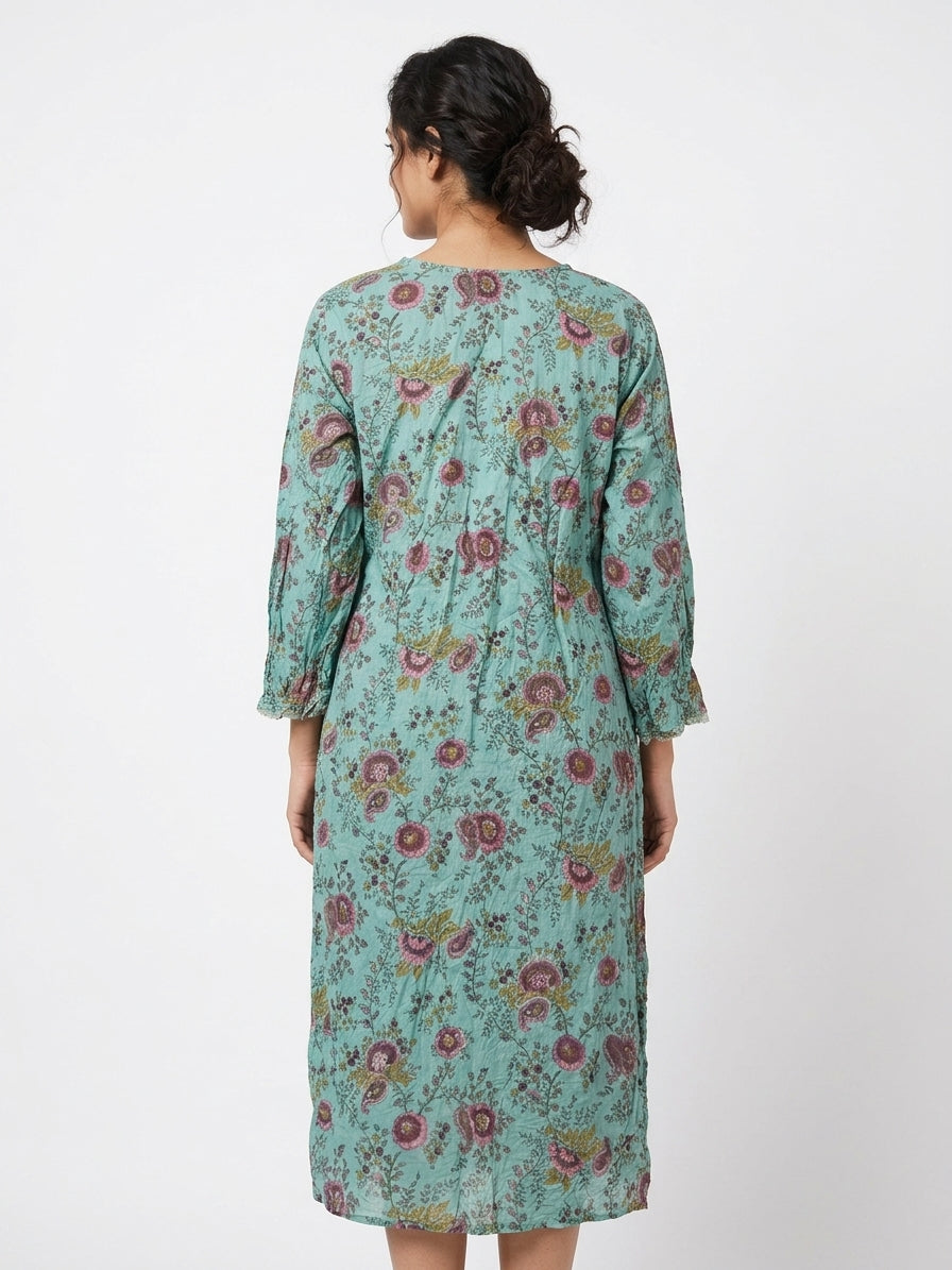 Sea Green Floral Printed V-Neck Kurti