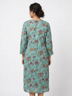 Sea Green Floral Printed V-Neck Kurti