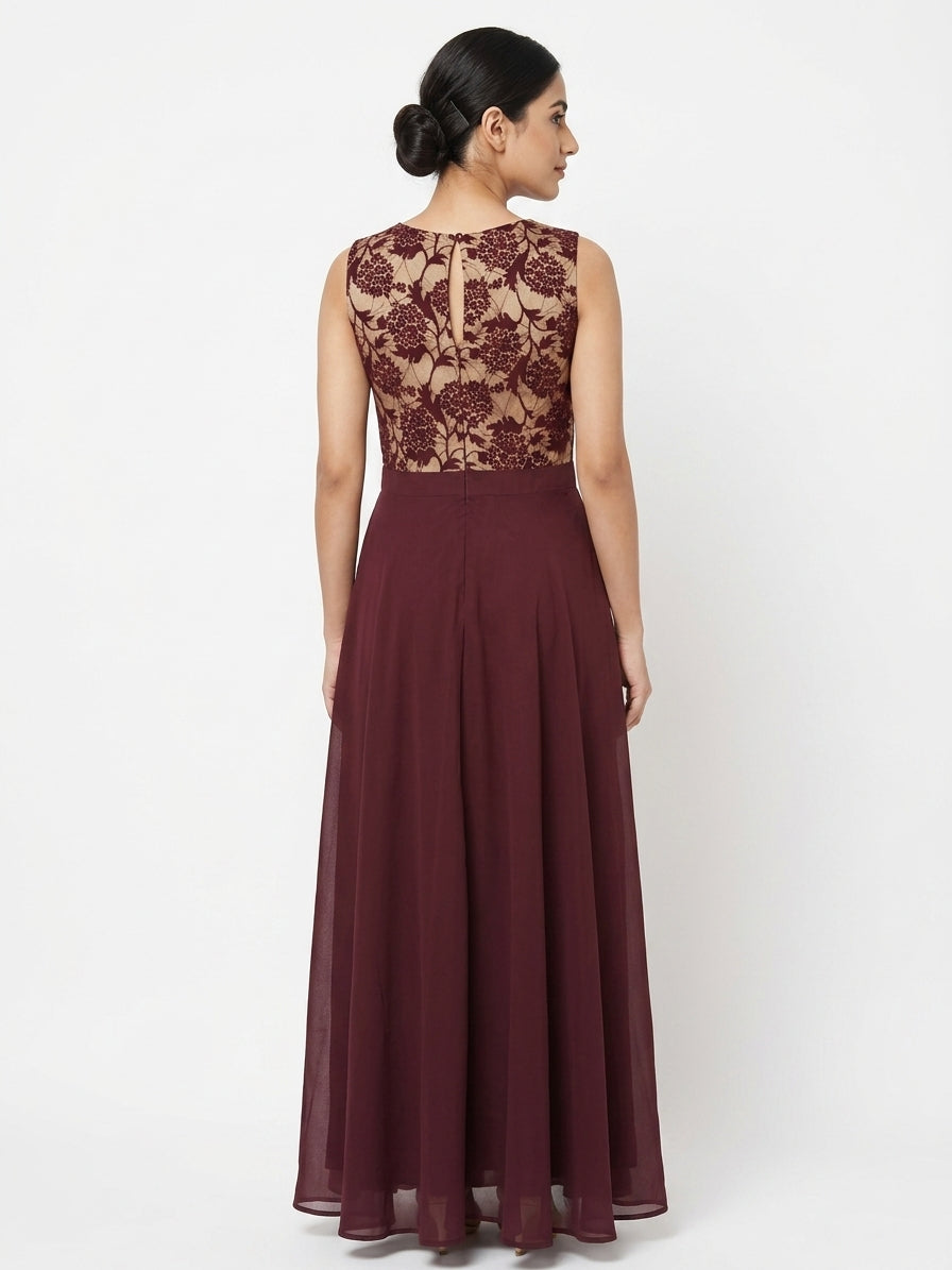Women's Floral Printed Maroon Flared Dress