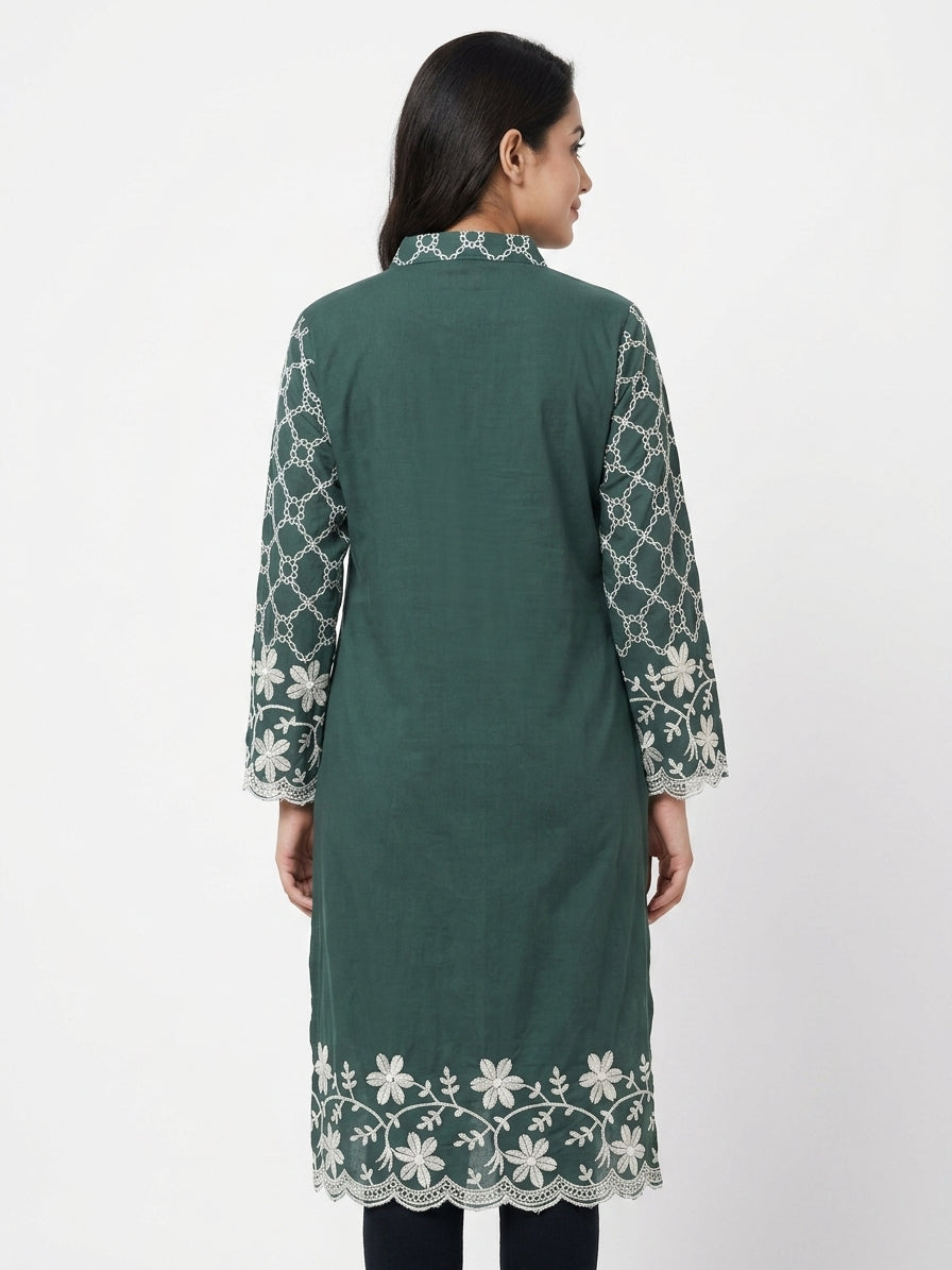 Dark Green Embroidered Cotton Kurti
