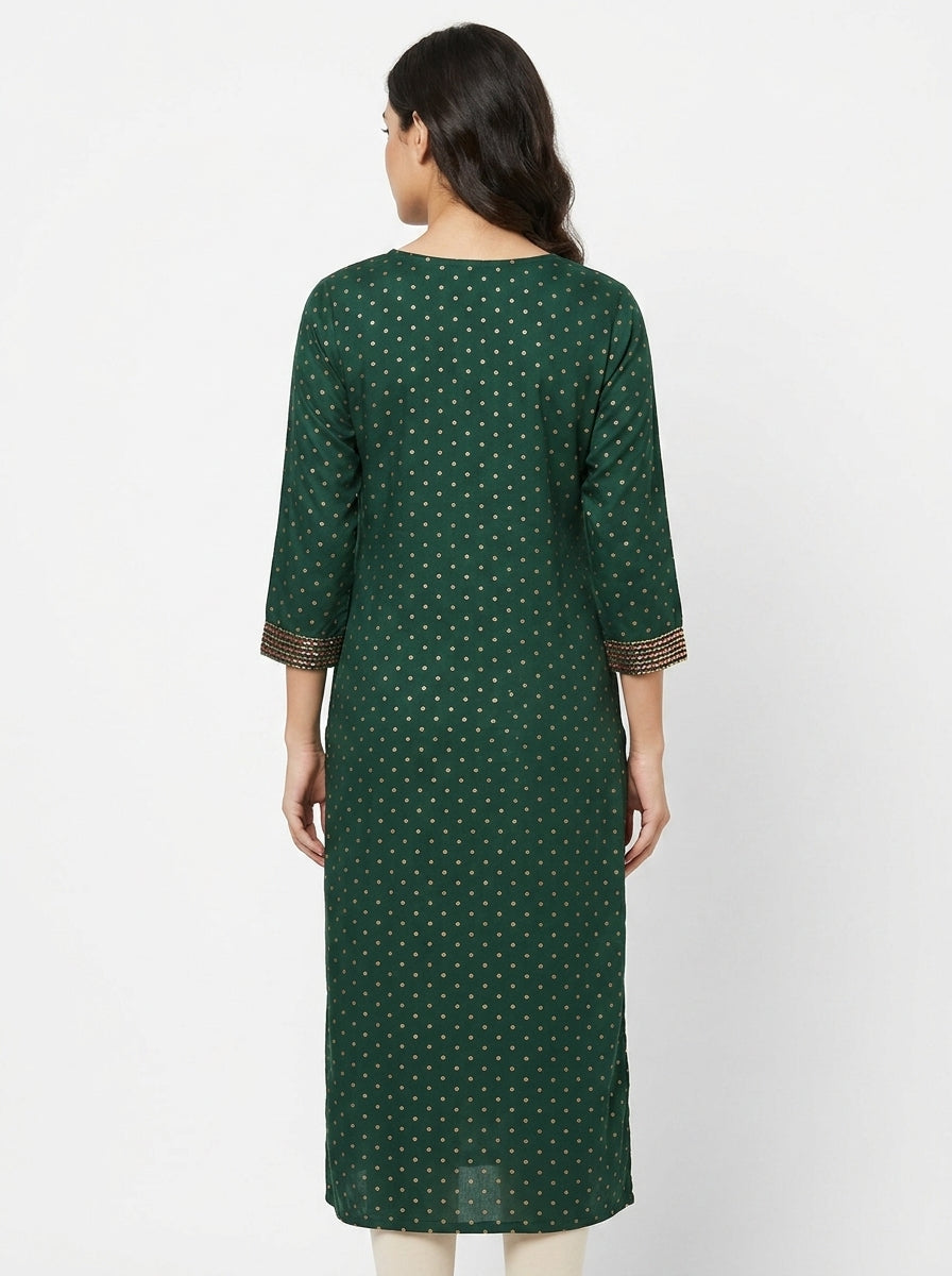 Women's Dark Green Printed Embellished Kurti