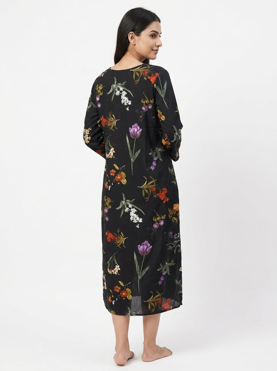 Women's Black Floral Printed Rayon Kurti