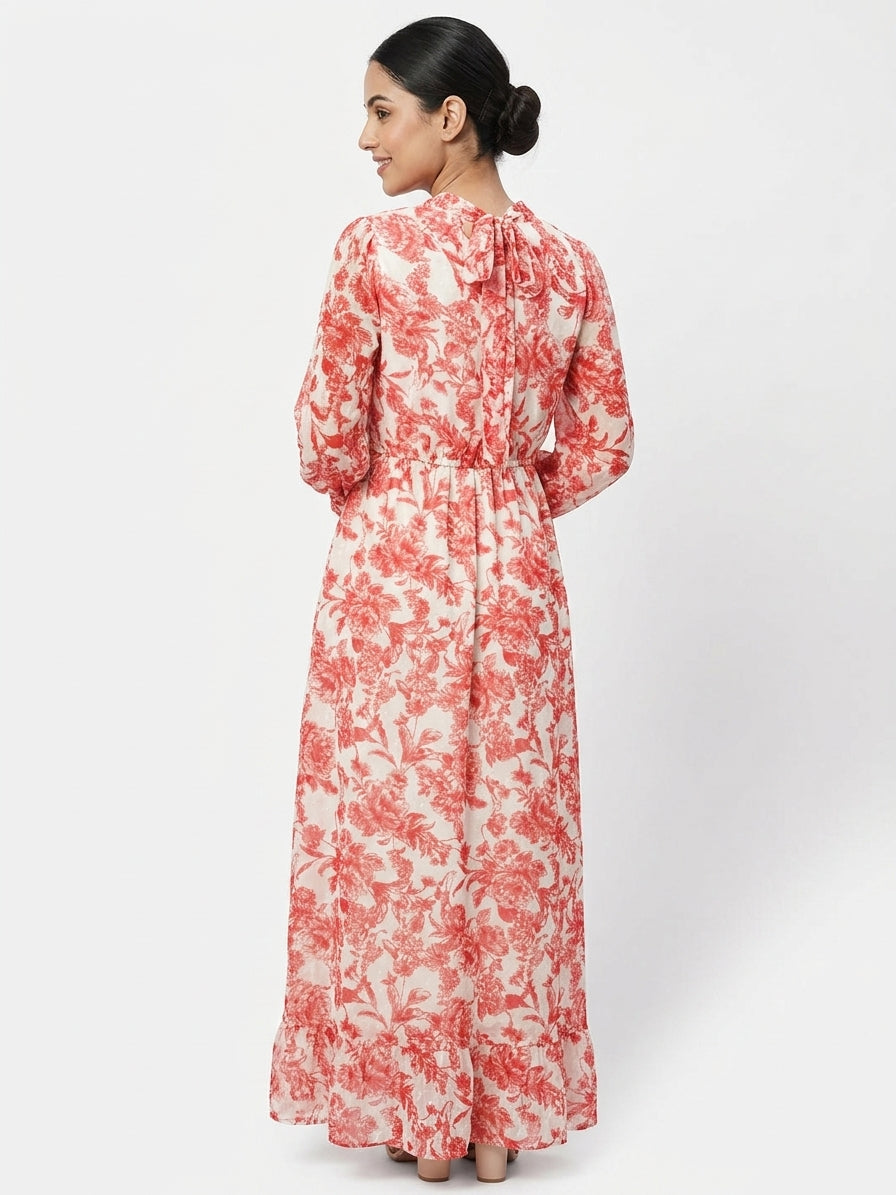 Red & White Floral Printed Maxi Dress