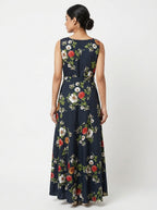 Women's Dark Navy Floral Print Flared Maxi Dress