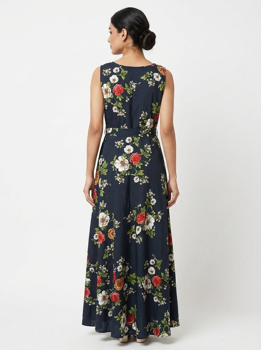 Women's Dark Navy Floral Print Flared Maxi Dress