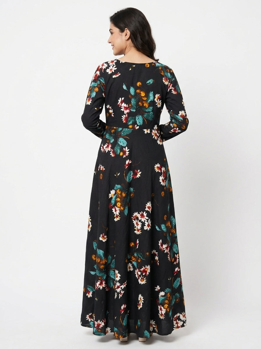 Women's Black Floral Printed Regular Fit Maxi Dress