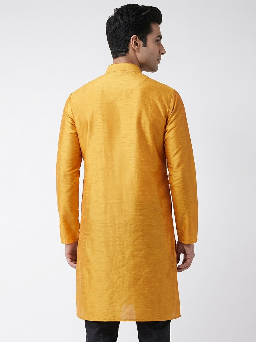 Men's Mustard Solid Silk Kurta