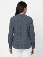Women's Navy Blue Striped Collared Top