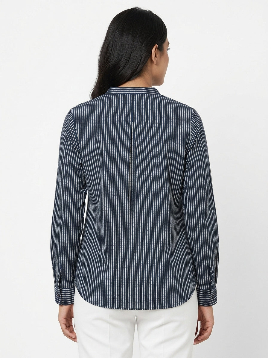 Women's Navy Blue Striped Collared Top