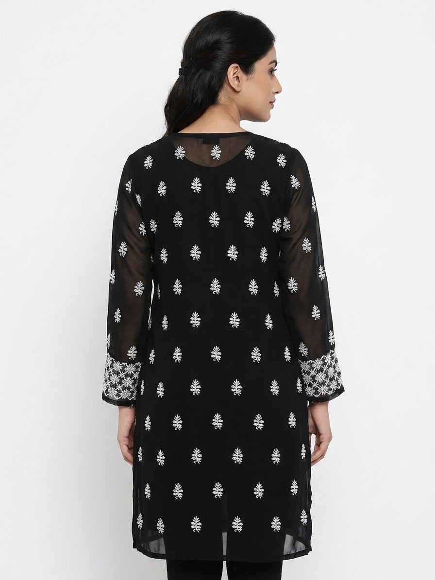 Black Embroidered Regular Fit Kurti