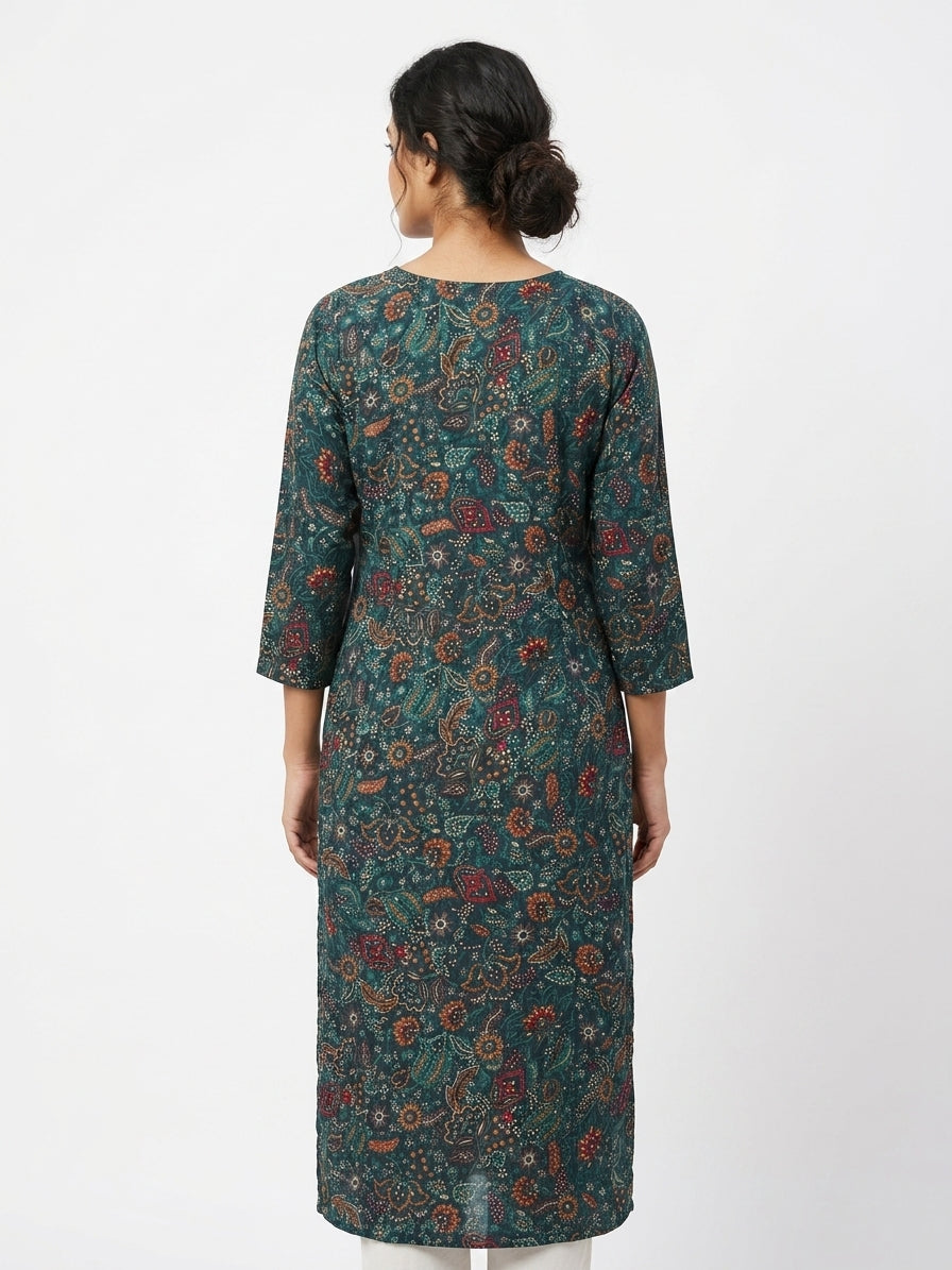 Green Ethnic Print Viscose Kurti