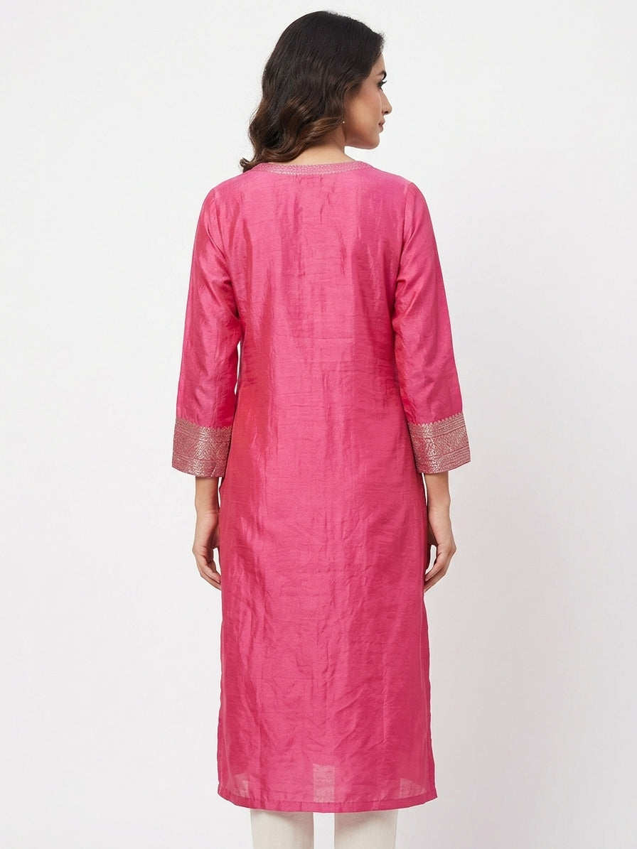 Pink Embellished Straight Silk Kurti