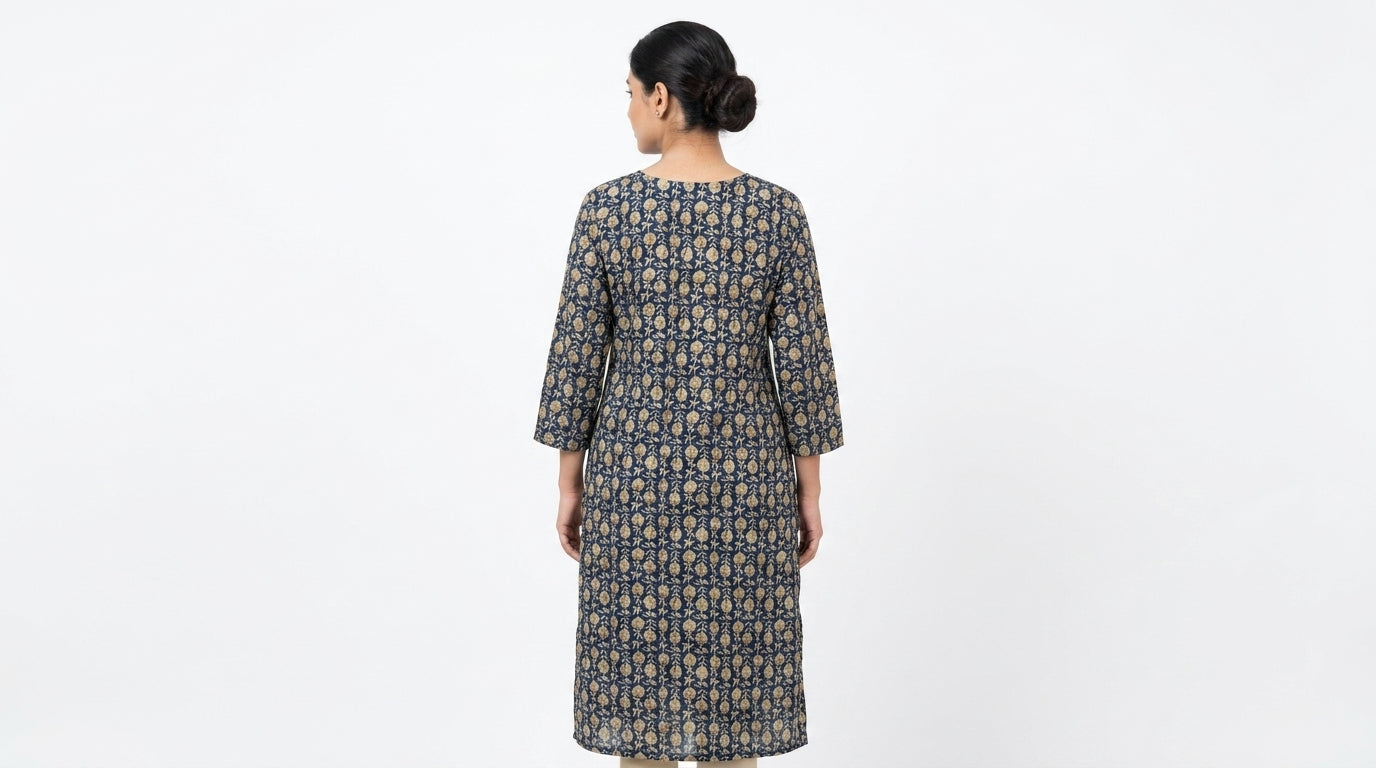 Navy Floral Printed Cotton Kurti