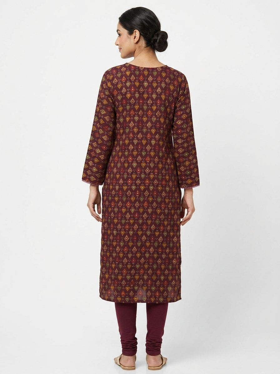 Women's Wine Ethnic Printed Rayon Kurti