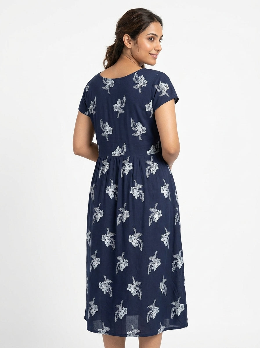 Navy Blue Floral Printed Relaxed Fit Dress