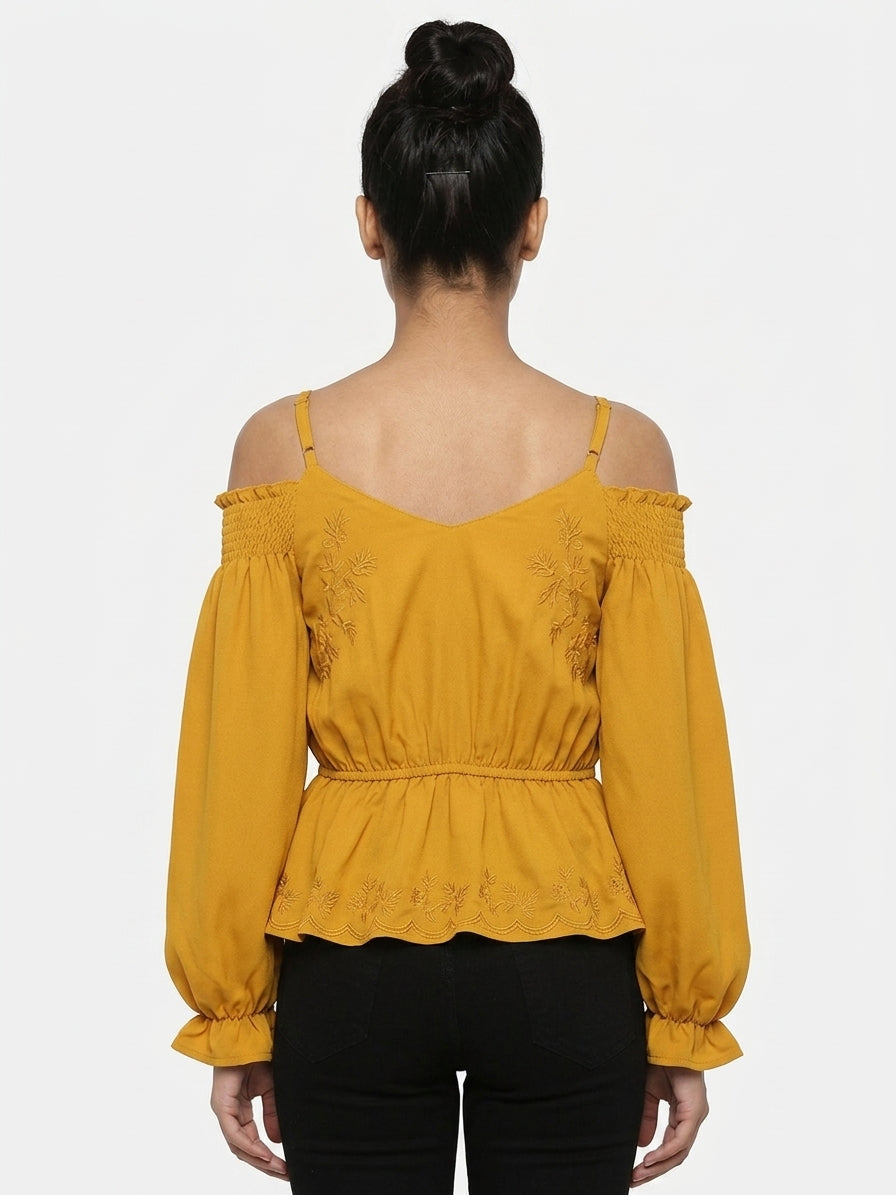 Mustard Botanical Embroidered Off-Shoulder Relaxed Fit Top