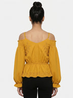 Mustard Botanical Embroidered Off-Shoulder Relaxed Fit Top
