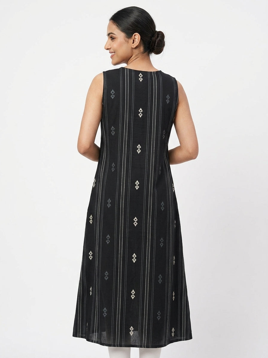 Women's Black Ethnic Print Sleeveless Dress